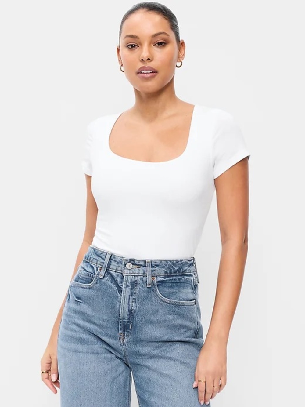 Old Navy Ribbed White Square Neck Short Sleeve Top